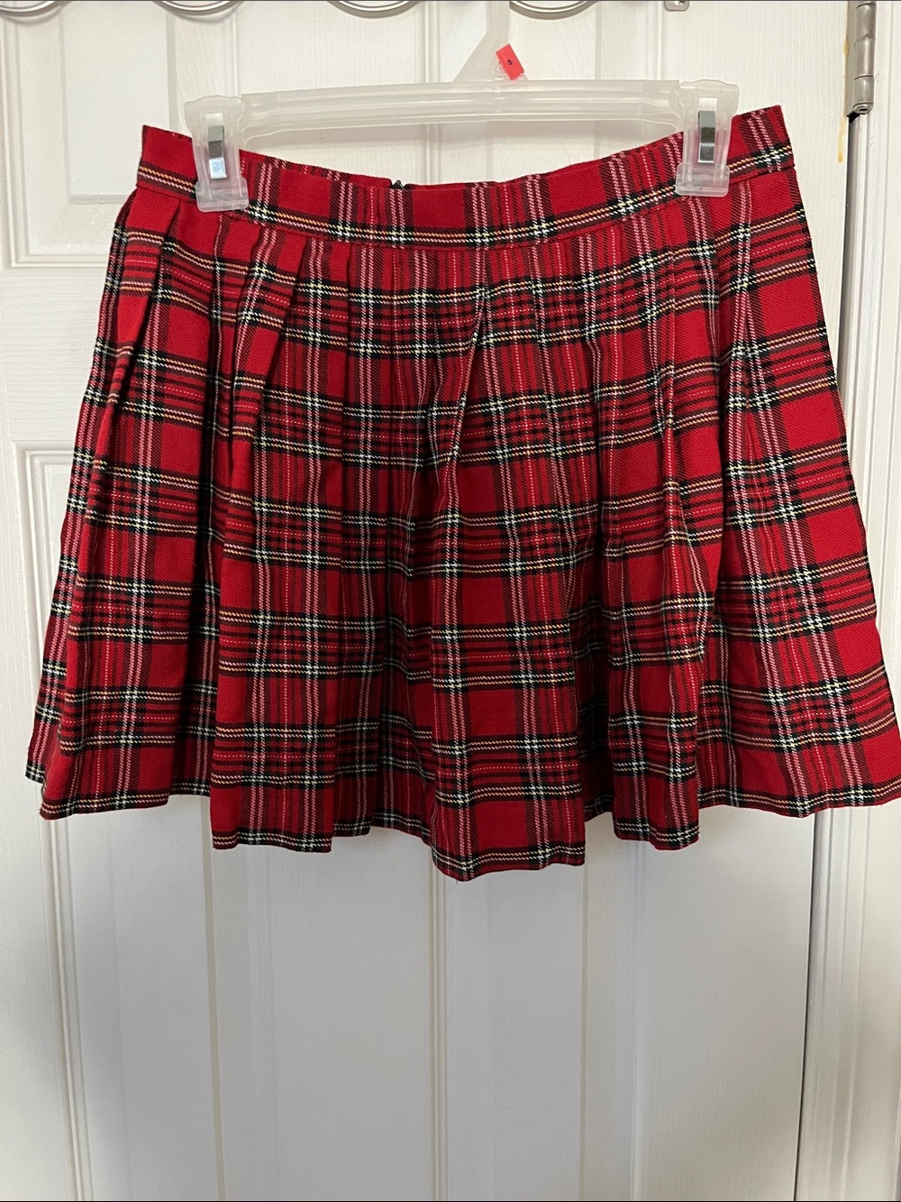 Red Plaid Mini Skirt with Pleated A-Line Shape